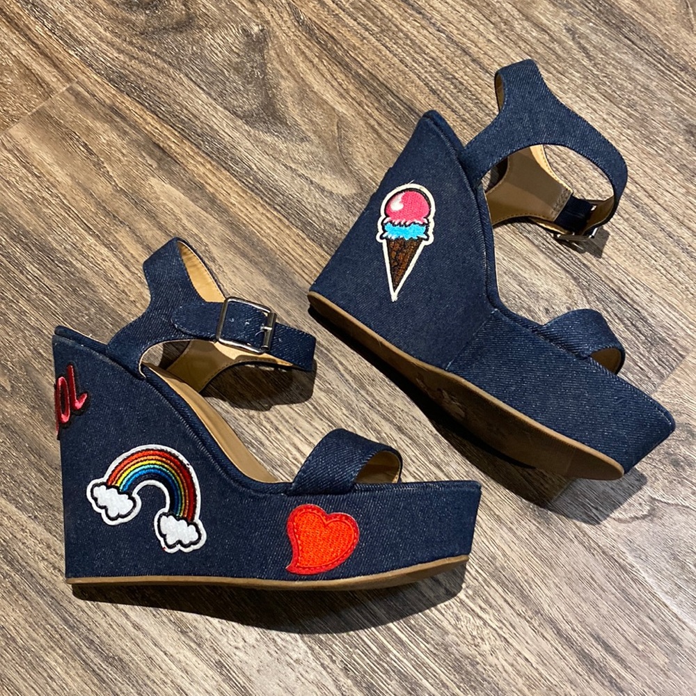 Bamboo Denim Patch Wedges - Picture 1 of 4